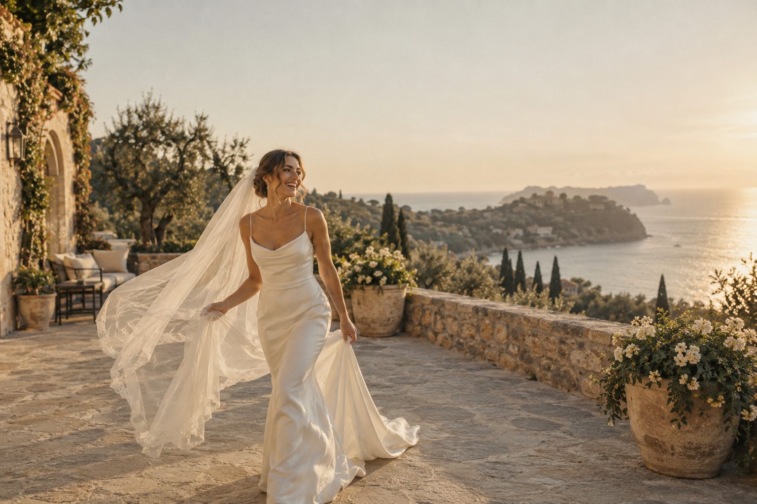 Une mariée sur une terrasse méditerranéenne
