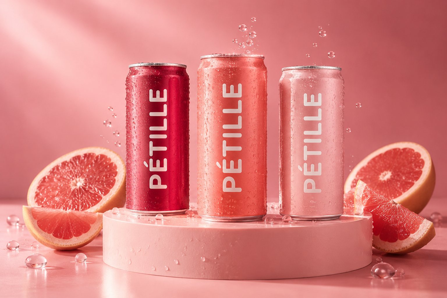 Trois canettes Pétille dans trois nuances de rose